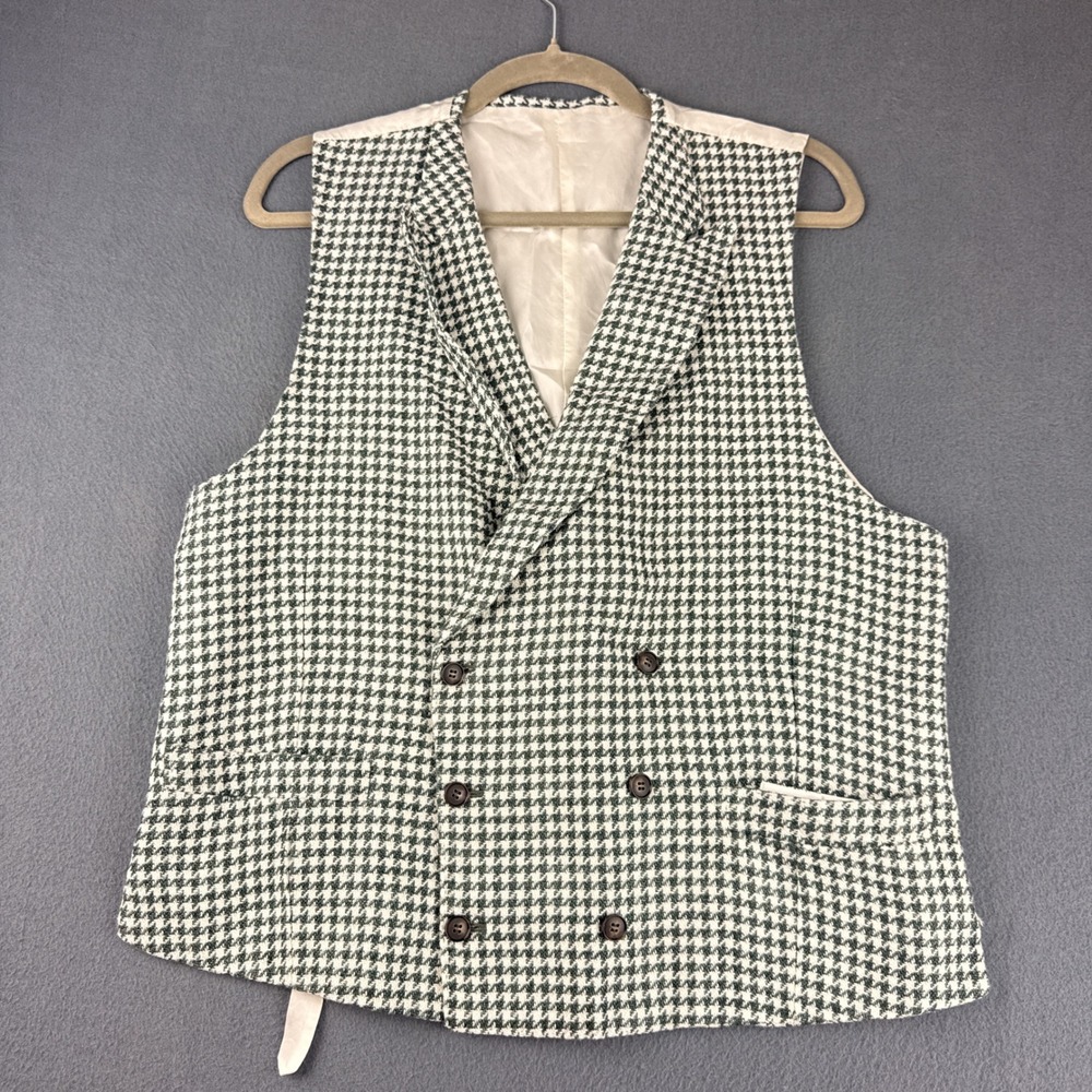 Suitsupply Vest Men's 54 Green White Houndstooth Double Breasted Linen W190106I